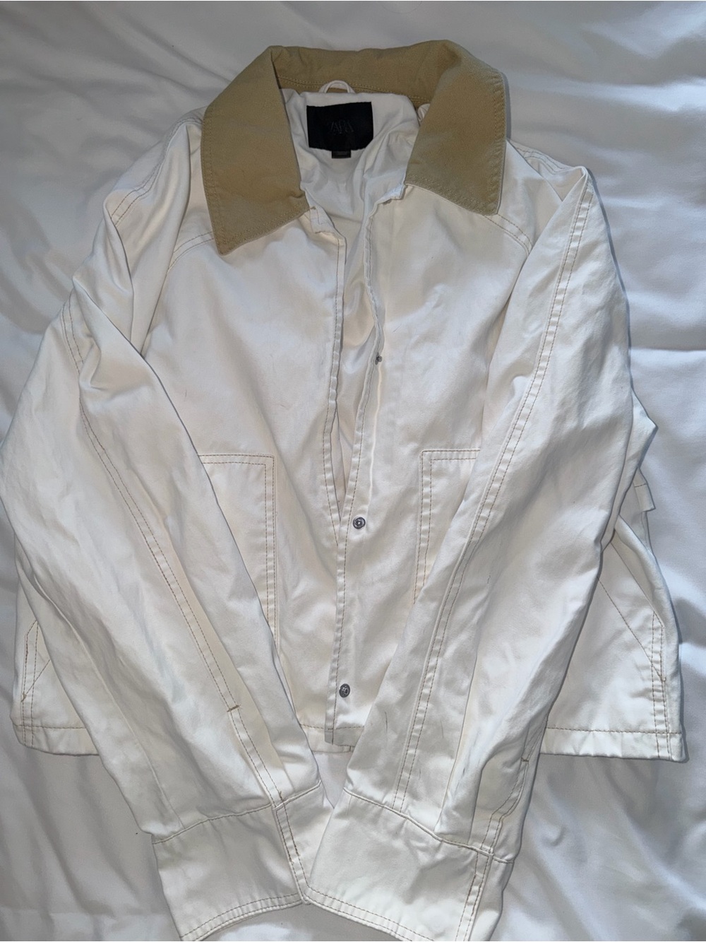 Zara White Utility Jacket with Tan Collar